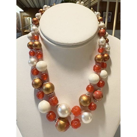 The Unbranded Brand Jewelry - Vintage Orange & White Plastic Bead 2 Strand 15'' - 18'' Necklace Japan Retro